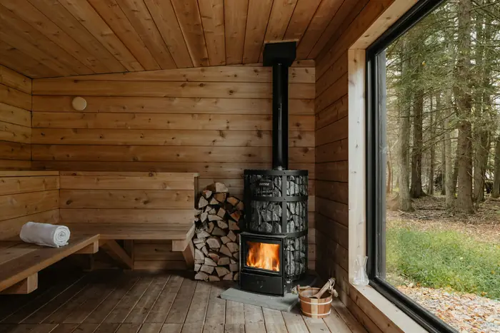 Sauna z drewna z piecem i dużym oknem na las