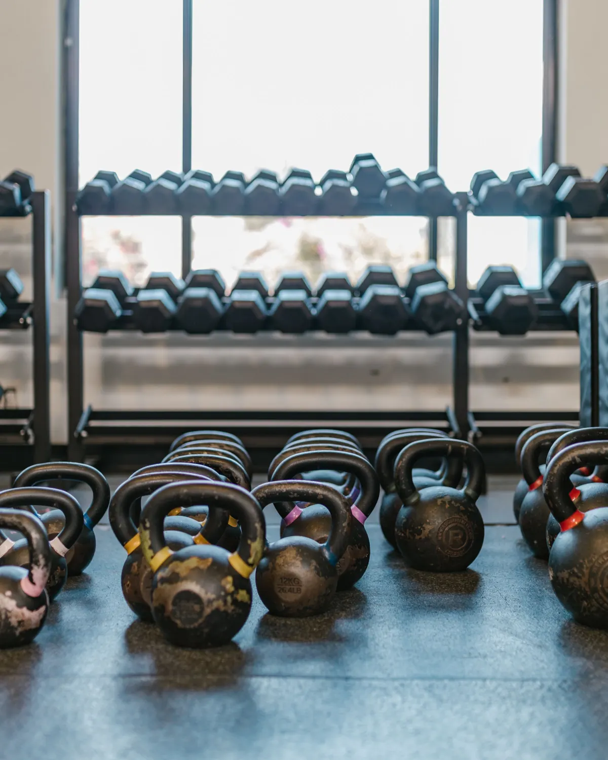 Stojak z hantlami i rząd kettlebelli przed dużym oknem w strefie siłowej